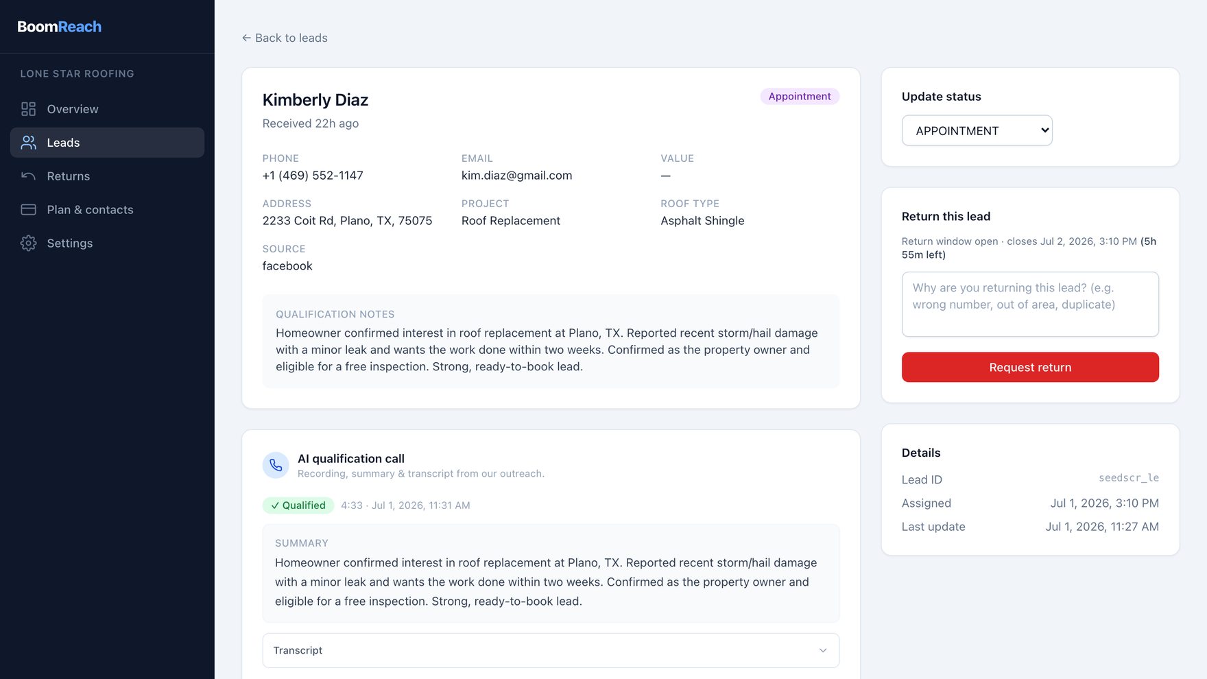 Lead detail — contact and property, qualification notes, the recorded verification call with summary and transcript, and a return panel.