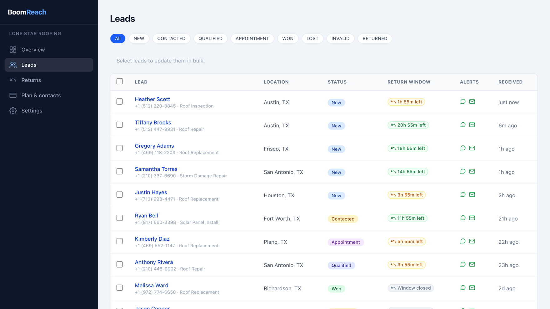 Leads list with status filters, live return-window timers and delivery indicators.