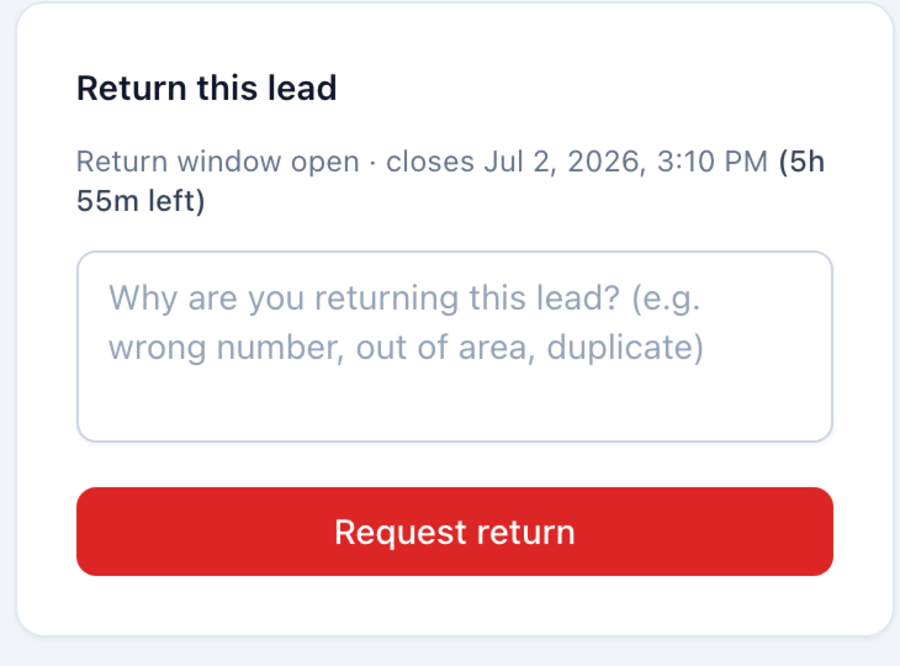Return this lead — window countdown, reason field and a request-return button.